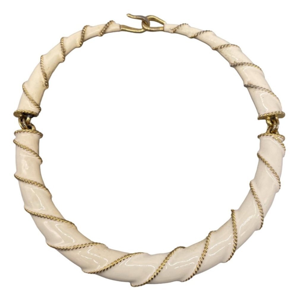 Vintage Kenneth Lane Enamel with Gold Accents Choker Necklace Cream Hook Closure